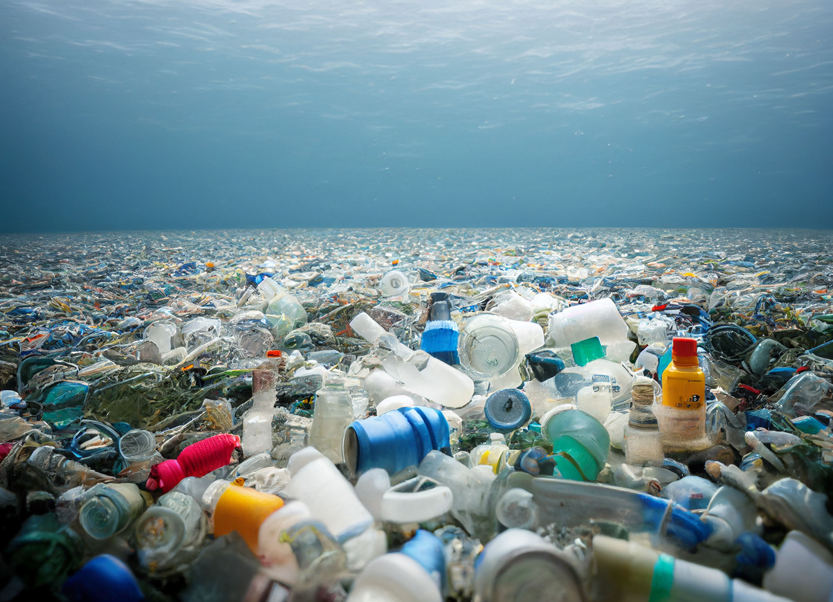 Déchets plastiques accumulés sous la surface de l'eau